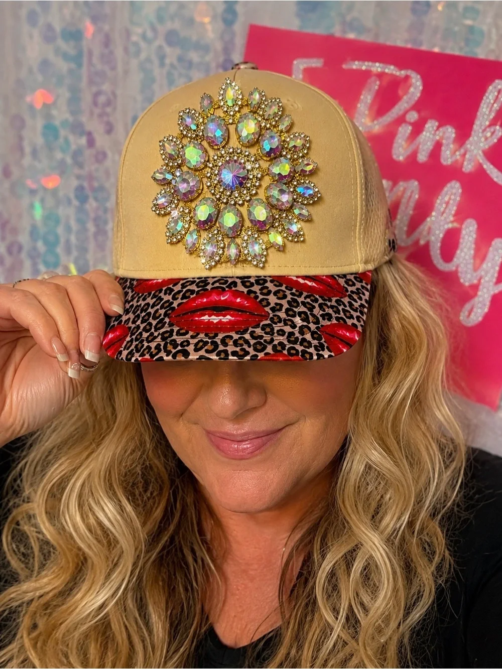 New Handmade AB Crystal Rhinestone Leopard Lips Bling  Trucker Hat